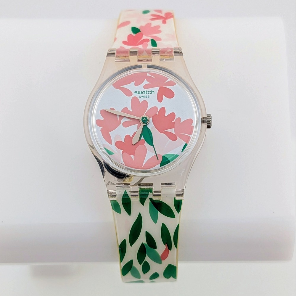 Swatch Lady Jackaranda LK355 Floral Clear Exhibition Back Swiss Quartz Watch Y2K